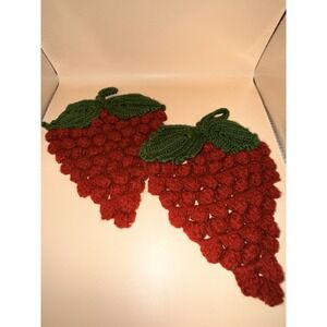 Vtg Red Grape Crochet‎ Trivet Hot Pot Holder Dark Red Green Leaves Set Of 2